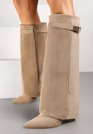 Kozaki damskie - Ciemnobeżowe Kozaki na Słupku z Wywiniętą Cholewką Gafsena - miniaturka - grafika 1