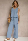 Komplety damskie - Niebieski Komplet z Bawełny Bluzka z Guzikami Szerokie Spodnie z Gumką w Talii Floricella - miniaturka - grafika 1