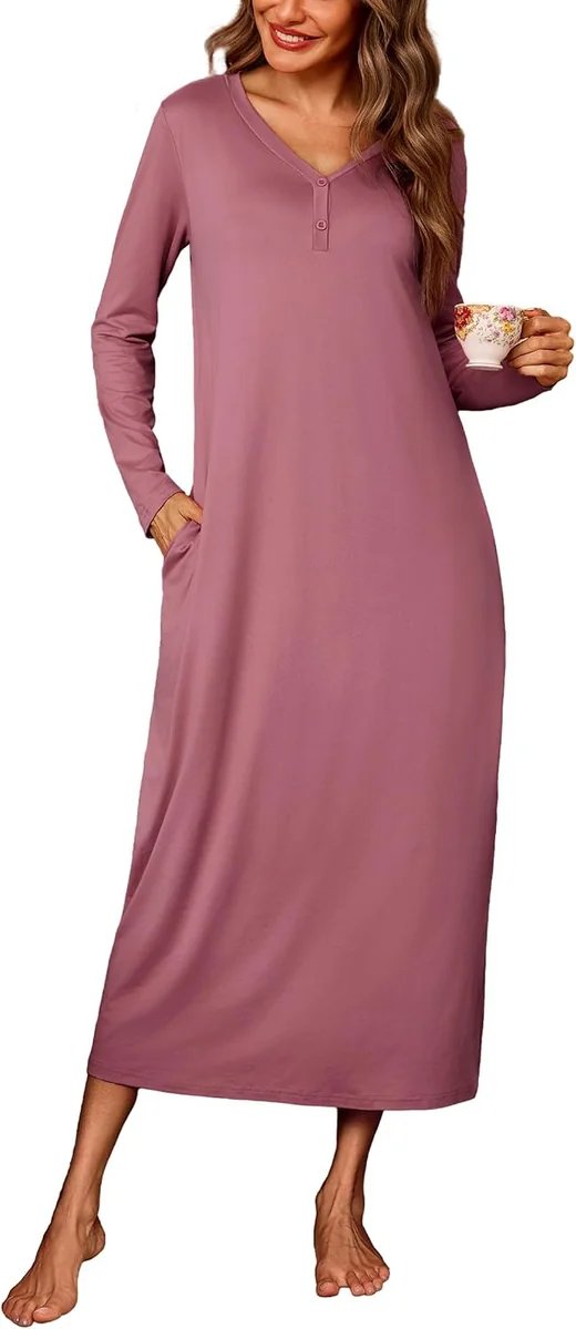 GUZIKI NOCNA BAWEŁNA DŁUGA DEKOLT V-NECK KOBIETA LUŹNA