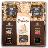 Zestawy upominkowe - Kosz prezentowy z herbatą, bakaliami w czekoladzie i miodami - miniaturka - grafika 1