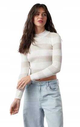 TRENDYOL CIENKI KRÓTKI SWETEREK W PASKI BEŻOWY M 5AA