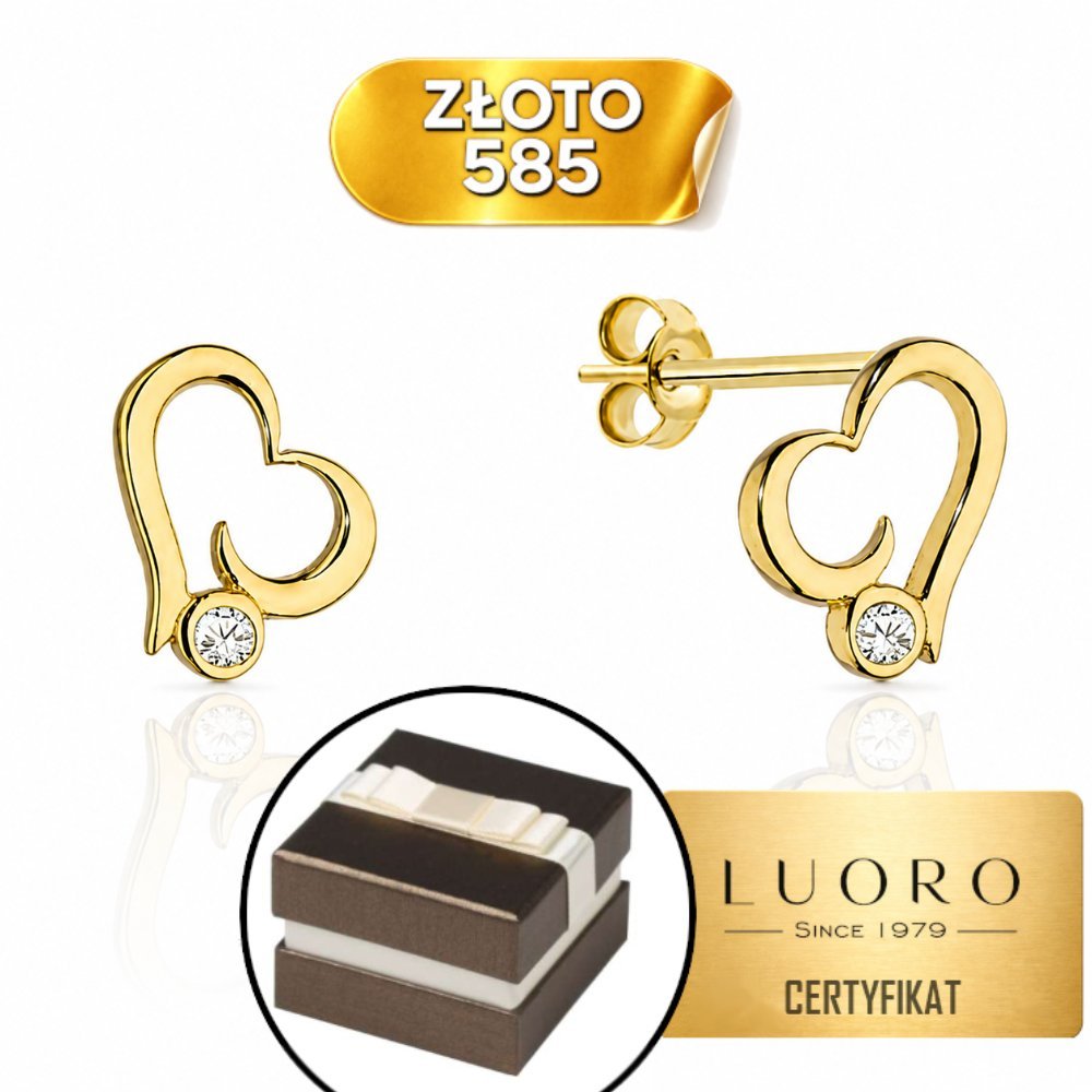 KOLCZYKI ZŁOTE 585 14K SERCA Z CYRKONIĄ 7 MM SZTYFT ELEGANCKIE SUBTELNE