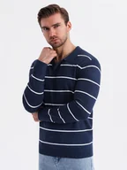 Swetry męskie - Męski longsleeve polo w poziome paski z wiskozą granatowo-biały V1 OM-POLS-0146 - Ombre Clothing - miniaturka - grafika 1