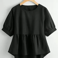 Koszule damskie - TEMU Bluzka Damska Elegancka Czarna 5162 - Krótki Rękaw, Okrągły Dekolt, Falbanka, Pranie Maszynowe, Nieprześwitująca Tkanina na Wiosnę Jesień, - miniaturka - grafika 1