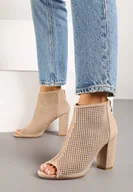 Botki damskie - Beżowe Botki Vices z Ekozamszu na Obcasie Zdobione Ażurowymi Wycięciami Jeliri - miniaturka - grafika 1