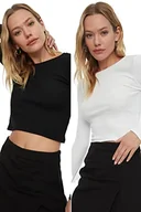 Bluzki damskie - Trendyol Damska regularna standardowa dzianinowa bluzka z okrągłym dekoltem, Czarny - biały, XL - miniaturka - grafika 1