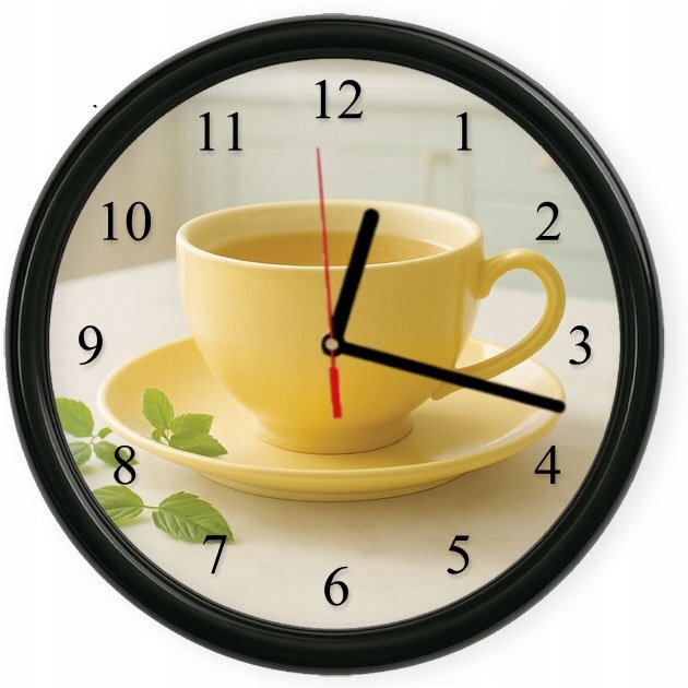 Herbata Zegar ścienny żółta filiżanka ciepła dekoracja do kuchni i salonu