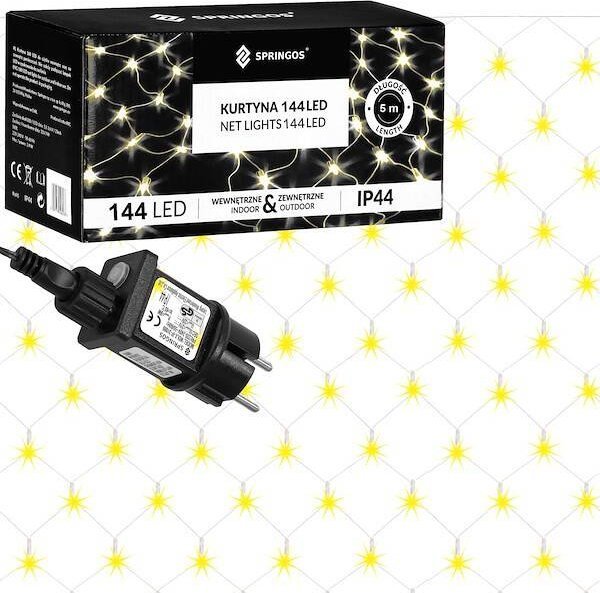 Springos Kurtyna świetlna ciepły biały 144 Led lampki wewnętrzno-zewnętrzne