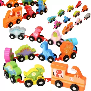 Pociąg Drewniany Lokomotywa Wagoniki Kolorowe Dinozaury Na Kółkach Haczyki - Klocki - miniaturka - grafika 1