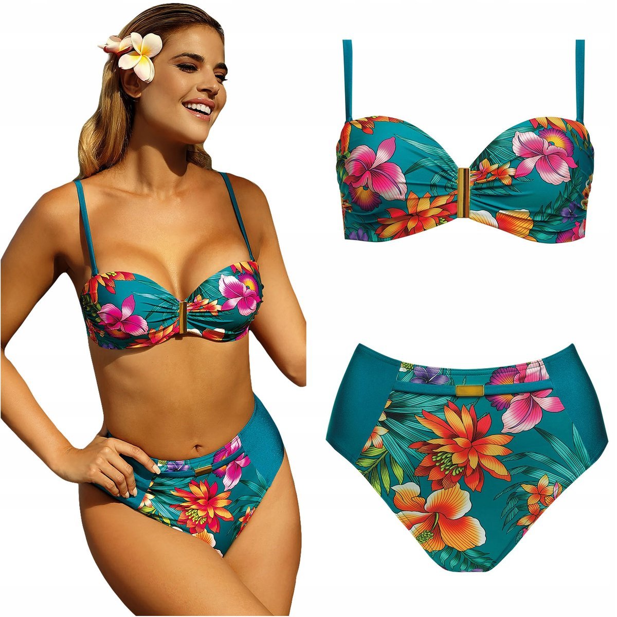 Strój kąpielowy dwuczęściowy wysoki stan SELF 730 M22 Floral 40E L 75E
