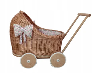 Wózek wiklinowy PCHACZ dla lalek +POŚCIEL +kokardy - Domki dla lalek - miniaturka - grafika 1