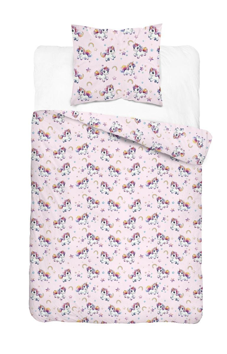 Pościel młodzieżowa 140x200 różowa w jednorożce z tęczą i gwiazdkami - Cotton Junior Basic Collection