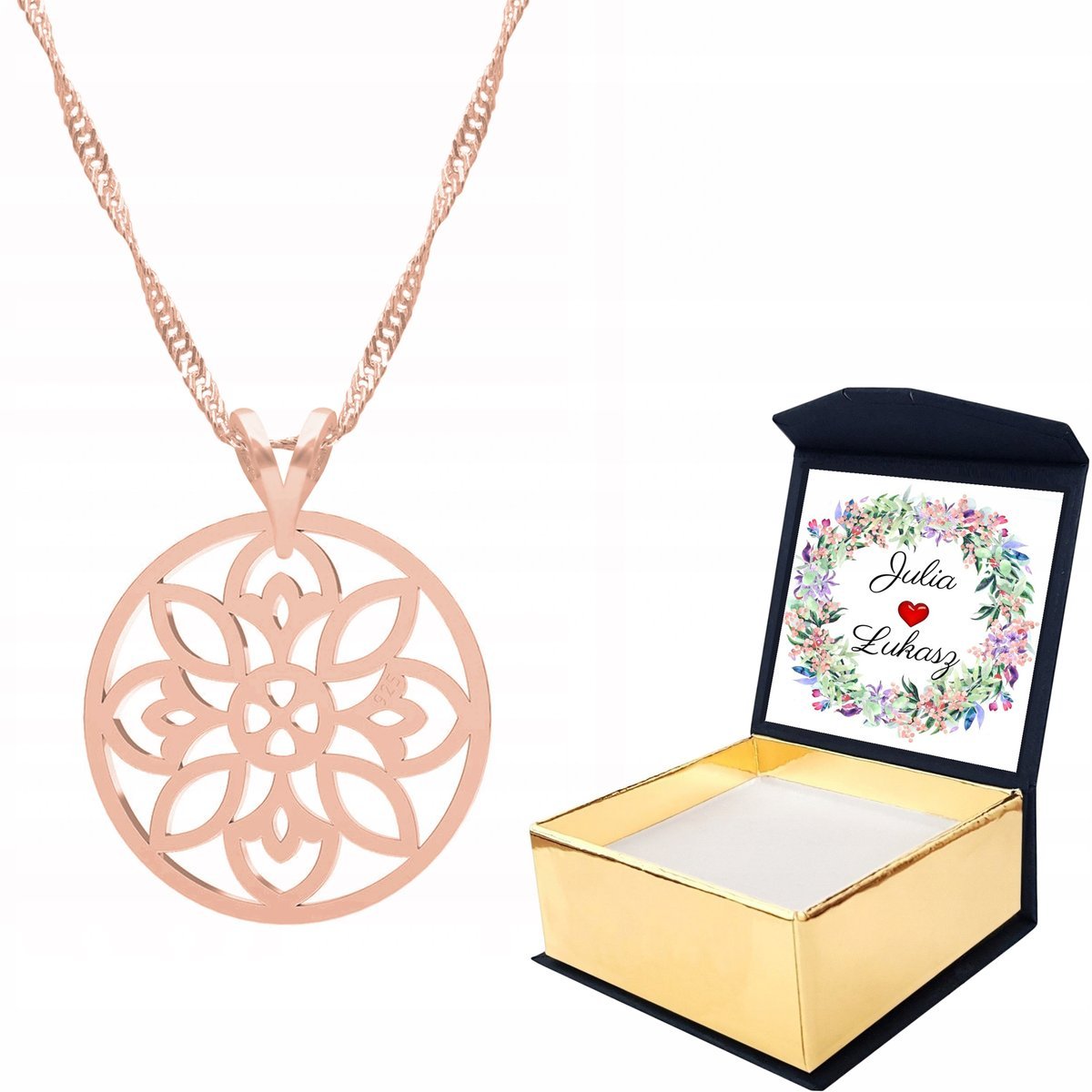 Naszyjnik różowe złoto Ażur Kwiat + WŁASNY NADRUK