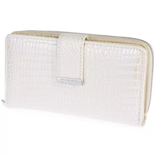 Portfele - Biały skórzany portfel damski lakierowany duży poziomy w piórka elegancki Jennifer Jones E72 - grafika 1