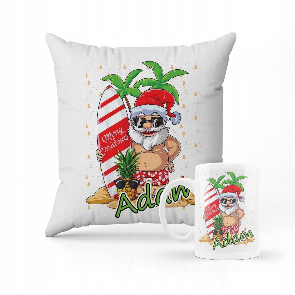 ZESTAW PODUSZKA + KUBEK Święty Mikołaj zabawny wzór prezent na święta +IMIĘ