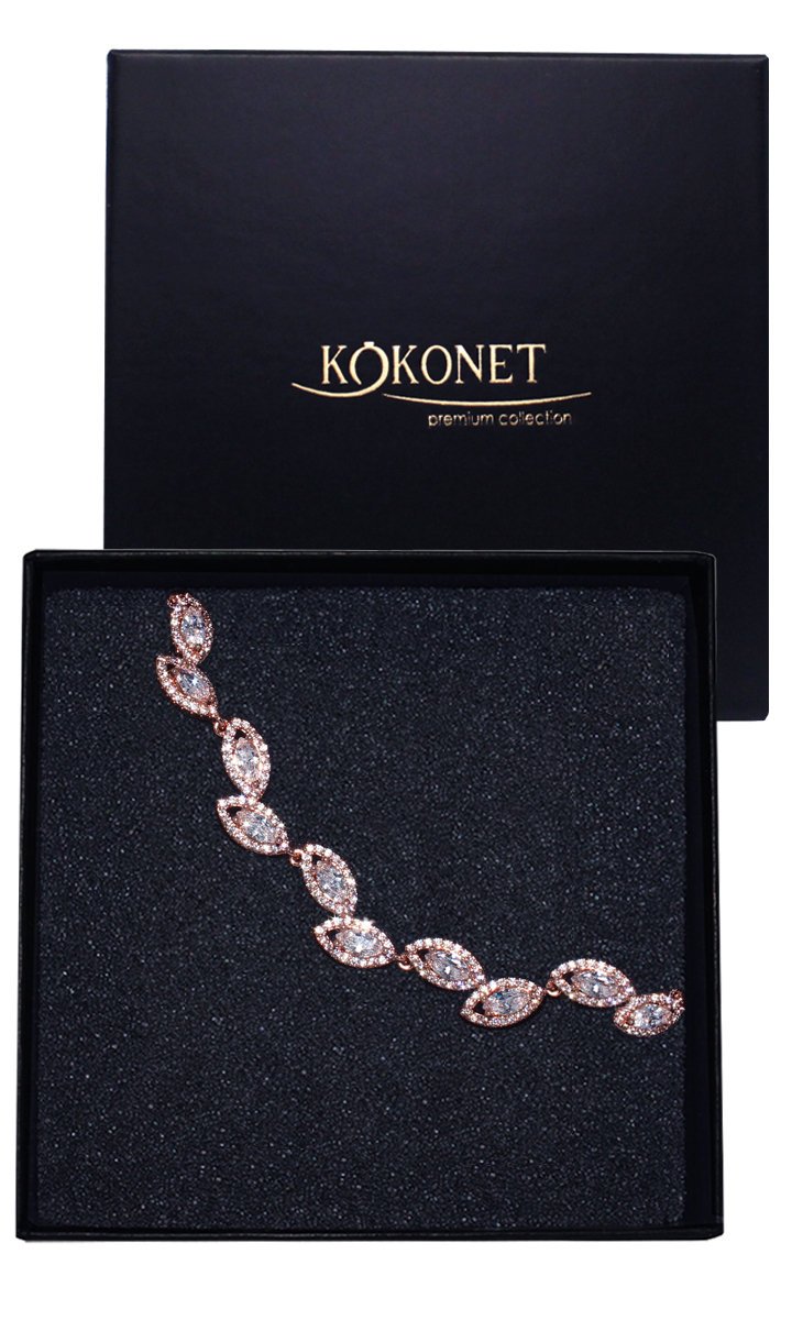 BRANSOLETA różowe złoto z listkami cyrkoniami kryształki BOHO glam
