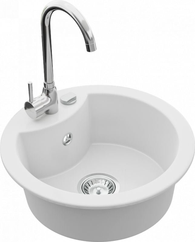 Mexen Zlewozmywak  Diego granitowy 1-komorowy z baterią kuchenną Telma, biały - 6512-20-670200-00