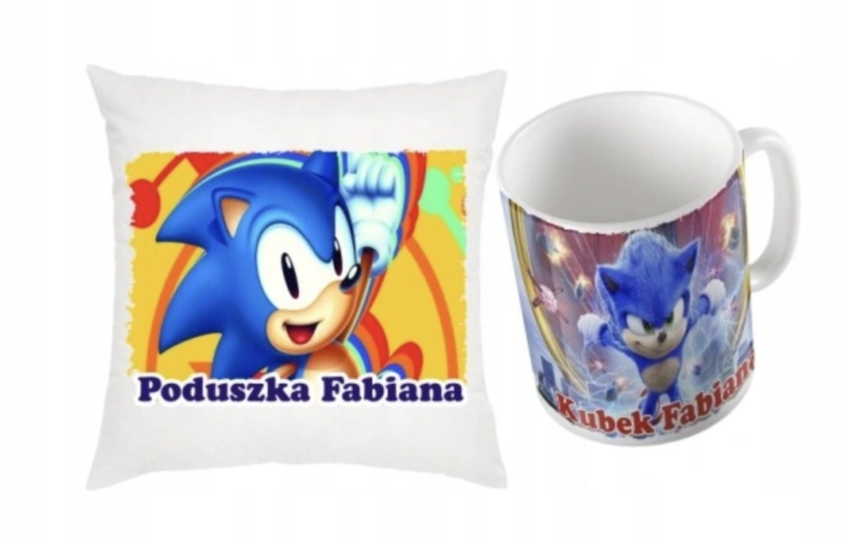 ZESTAW PODUSZKA + KUBEK Prezent SONIC SONIK THE HEGEHOG JEŻYK + IMIĘ 23
