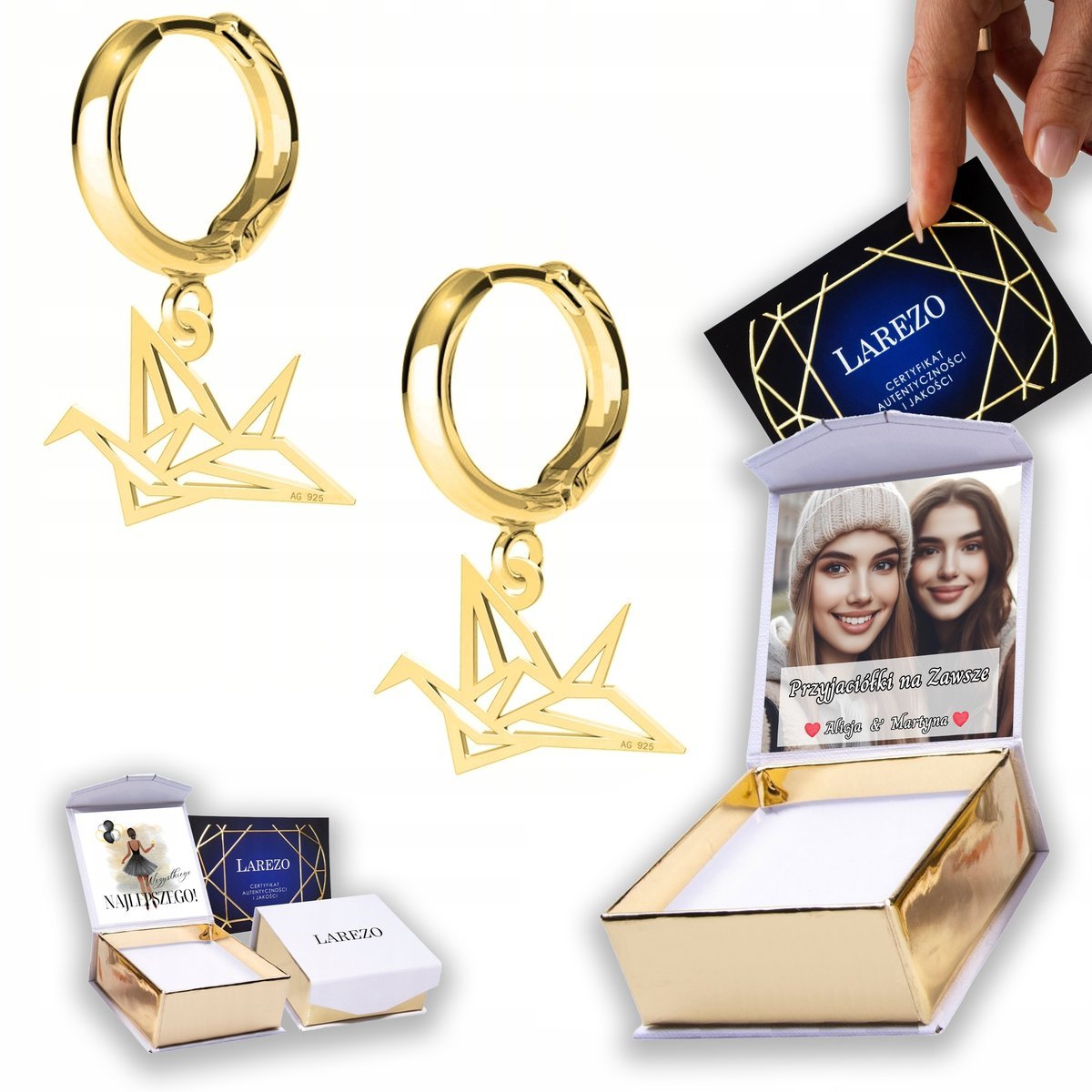 Złote Kolczyki 925 Ptak Origami Ażurowe Ptaki Ptaszki Bird NADRUK