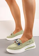 Półbuty damskie - Zielone Półbuty na Grubej Podeszwie z Przeszyciami i Kolorowymi Kryształkami Iaria - miniaturka - grafika 1