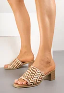 Klapki i japonki damskie - Ciemnobeżowe Klapki na Obcasie Ozdobione Geometrycznym Motywem Galreis - miniaturka - grafika 1