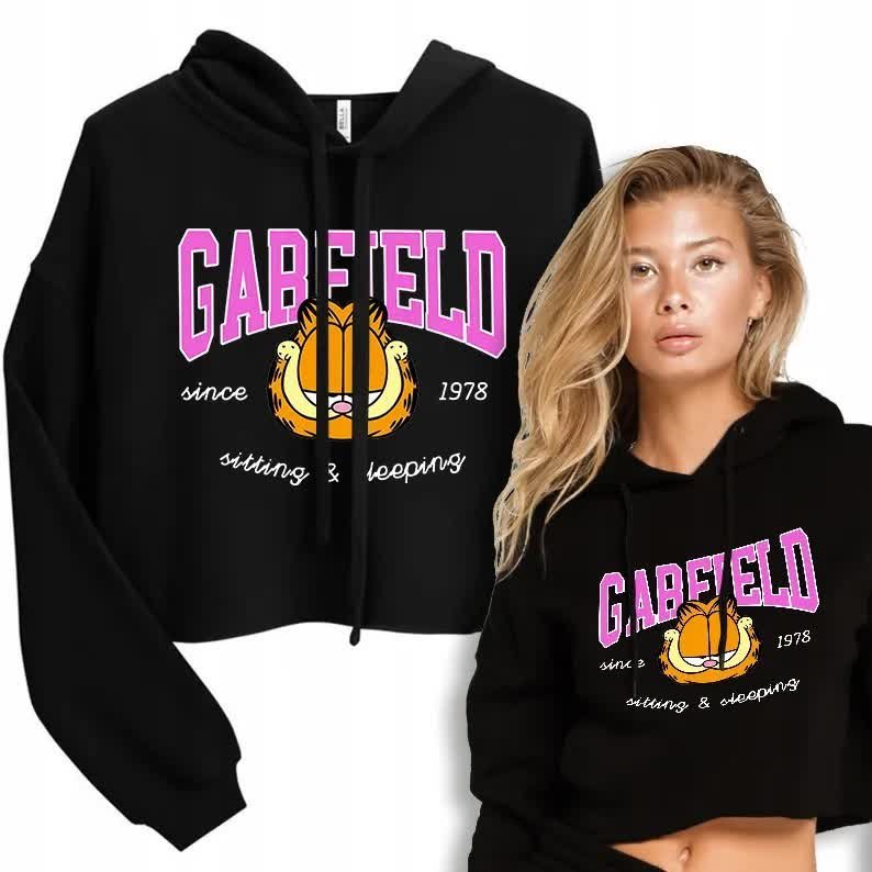 BLUZA CROPPED Z KAPTUREM Krótka Damska Czarna Dla Fana GARFIELDA Wzory - L