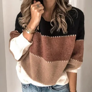 Dzianinowy sweter damski w paski z długim rękawem - Beżowy - Swetry damskie - miniaturka - grafika 1