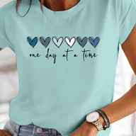 Bluzki damskie - TEMU Damska Turkusowa Koszulka "Jeden Dzień na Raz" z Białym Pismem Kursywnym i Nadrukiem - Krótki Rękaw, Okrągły Kołnierz Casual Top, Letnia Bluzka - miniaturka - grafika 1