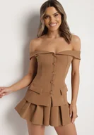 Komplety damskie - Brązowy Komplet Spódnica i Bluzka Hiszpanka z Guzikami i Imitacją Kieszeni Salendrea - miniaturka - grafika 1