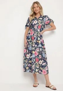 Granatowa Rozkloszowana Sukienka o Koszulowym Kroju z Paskiem w Kwiatowy Wzór Fevelorine - Sukienki - miniaturka - grafika 1