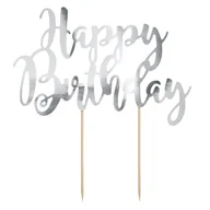 Urodziny dla dorosłych - PartyDeco Dekoracja na tort "Happy Birthday", srebrna, 22,5 cm KPT11-018M - miniaturka - grafika 1