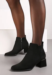 Czarne Botki z Imitacji Zamszu na Niskim Słupku z Metaliczną Wstawką Anorvia - Botki damskie - miniaturka - grafika 1