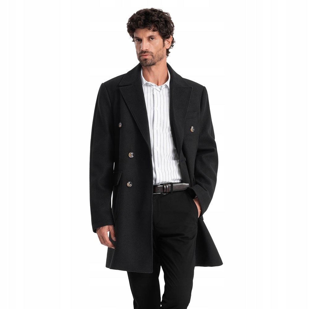 Męski dwurzędowy płaszcz z ozdobnymi guzikami czarny V2 OM-COWC-0109 L