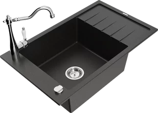Mexen Elias zlewozmywak granitowy 1-komorowy z ociekaczem i baterią kuchenną Carla, czarny/złoty metalik - 6511-75-670700-00 - Zlewozmywaki z baterią - miniaturka - grafika 1