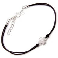 Bransoletki - Srebrna bransoletka koniczyna czarny sznurek - miniaturka - grafika 1
