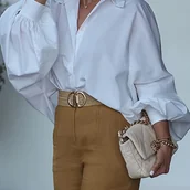 Koszule damskie - TEMU Elegancka koszulka damskich YTD z okrągłymi rękawami i klapami, nadmiernie rozmiarowa, jednokolorowa, stylowa i uniwersalna koszulka na każdą - miniaturka - grafika 1