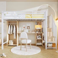 Łóżka dla dzieci i młodzieży - Łóżko piętrowe 90 x 200 cm z biurkiem, szafą i półkami - Metal + MDF - dla dzieci - Białe (Materac nie jest wliczony w cenę) - miniaturka - grafika 1