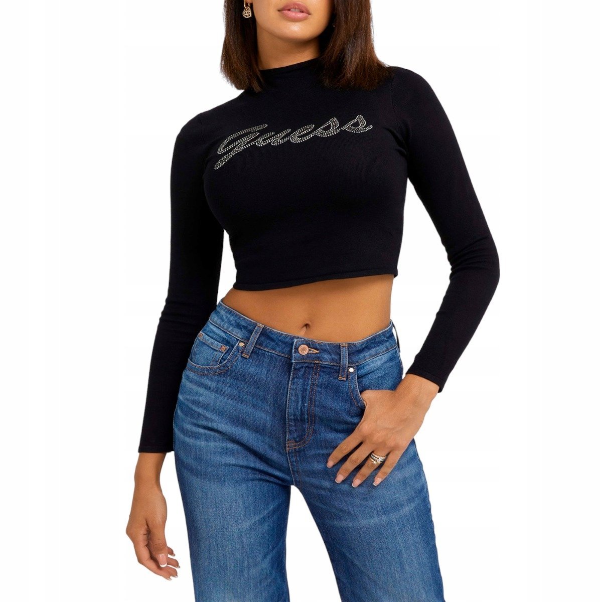 GUESS DAMSKI GOLF LS GUESS RHINESTONE CZARNY r.L