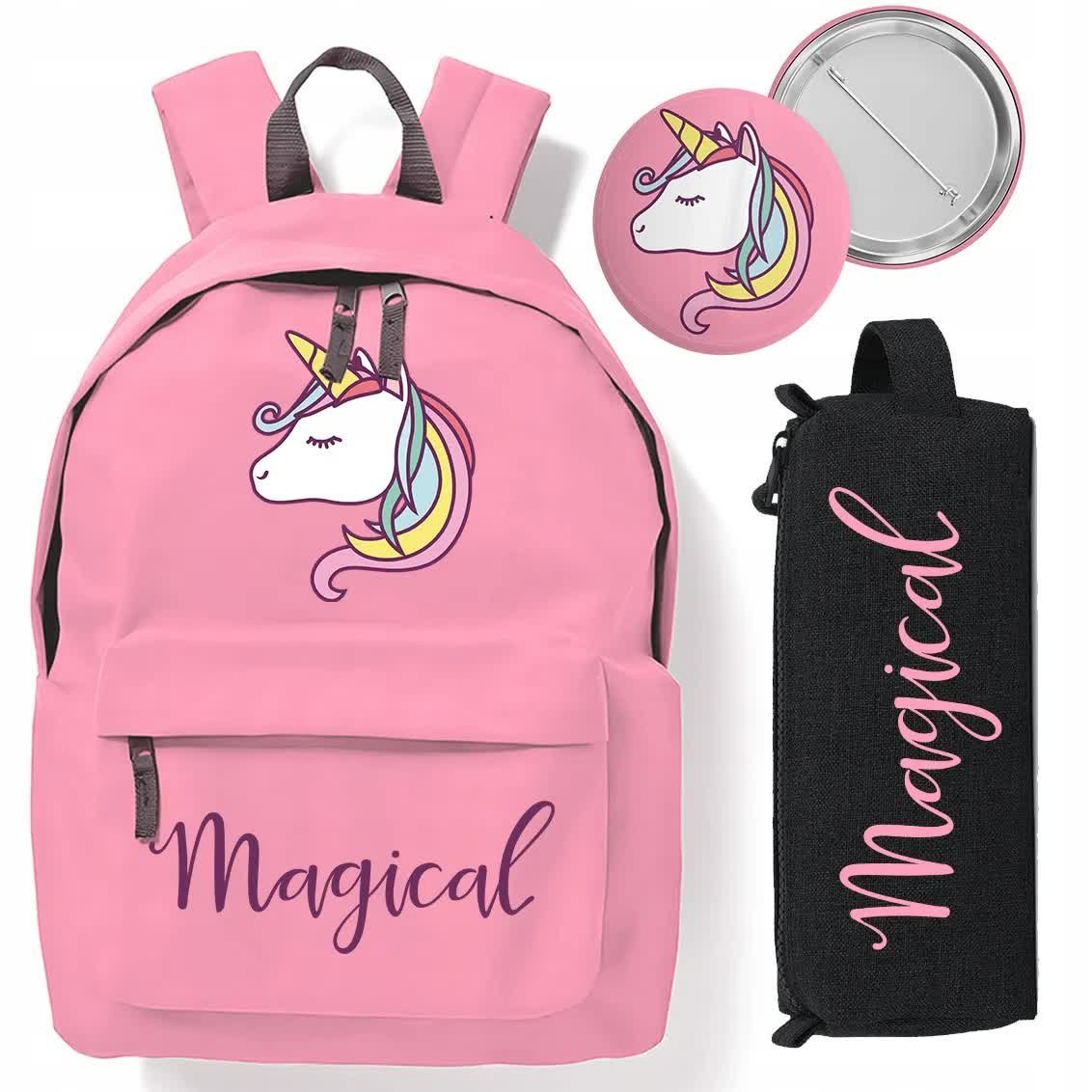 Zestaw Do Szkoły Czerwony Plecak + Piórnik + Pin MAGICAL Jednorożec Wzory