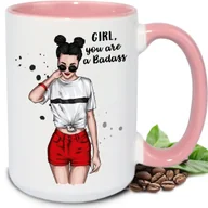Kubki - Kubek DUŻY BIAŁY Girl, you are a Badass RÓŻÓWE UCHO I WNĘTRZE TOP100 WZORY - miniaturka - grafika 1