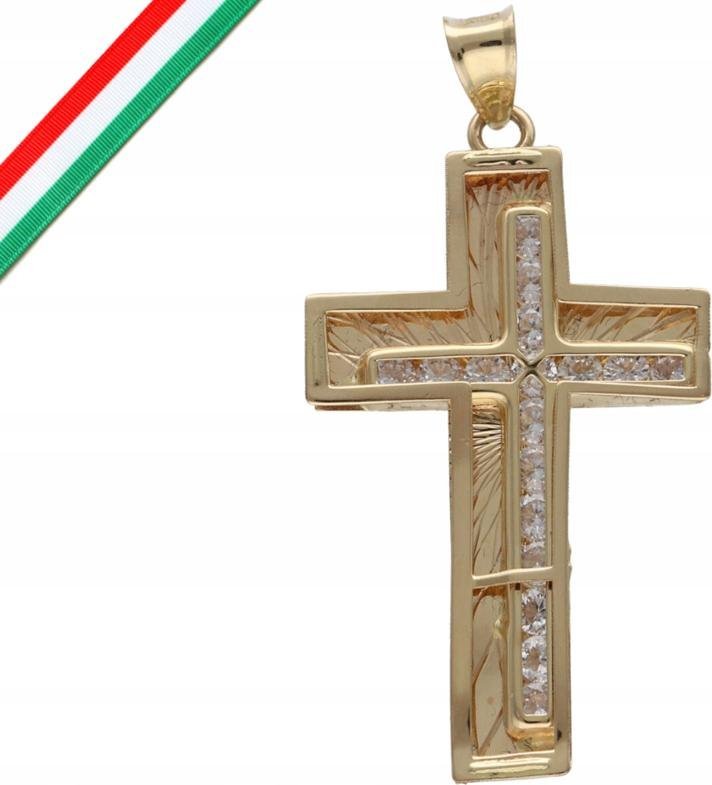 Złota zawieszka 585 krzyżyk z białymi cyrkoniami chrzest krzyż na prezent