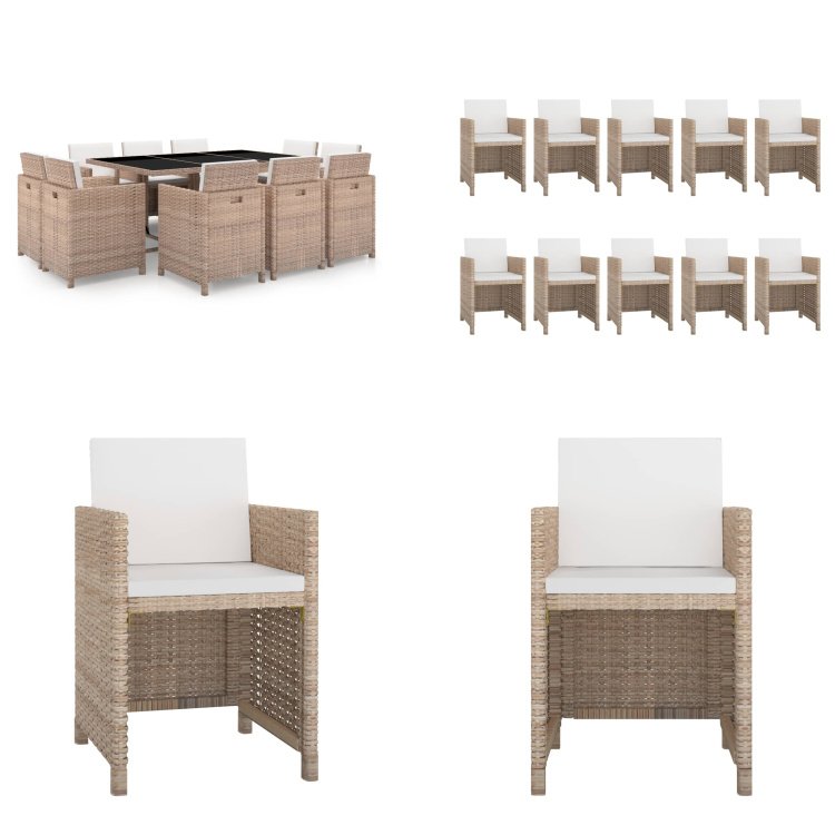 vidaXL 11-częściowy ogrodowy zestaw jadalniany z poduszkami z rattanu w kolorze beżowym - Zestaw mebli ogrodowych - Zestawy mebli ogrodowych - Stół i krzesła ogrodowe - Stoły i krzesła ogrodowe