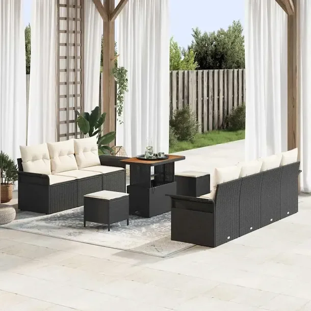 Modułowy zestaw sof ogrodowych, rattan, czarny, 2 sofy, 2 stoły