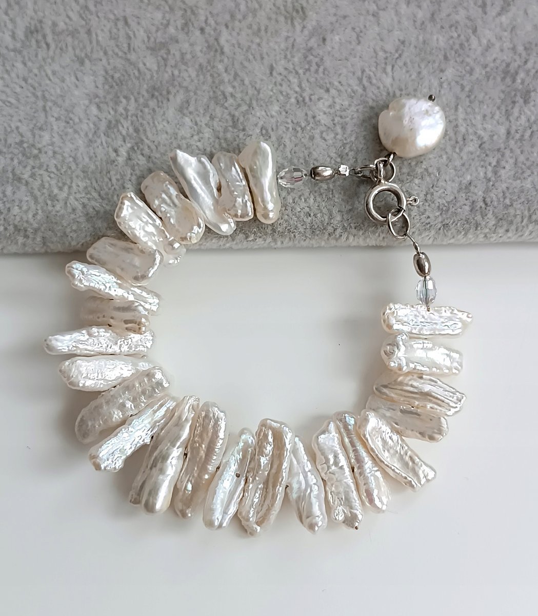 Ekskluzywny UNIKAT bransoletka biała naturalna perła łupkowa ŁUPKA 19cm sr