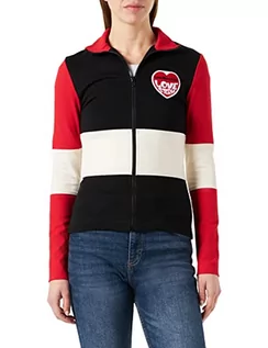 Kurtki damskie - Love Moschino Zippered in Viscose Super Stretch Jersey, Customized with Embroidered Storm Knit Effect Heart Patch Kurtka Damska, BLACK WHITE RED, 36 - grafika 1