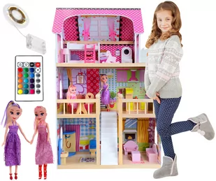 Drewniany domek dla lalek z oświetleniem LED RGB + 2 lalki - Domki dla lalek - miniaturka - grafika 1