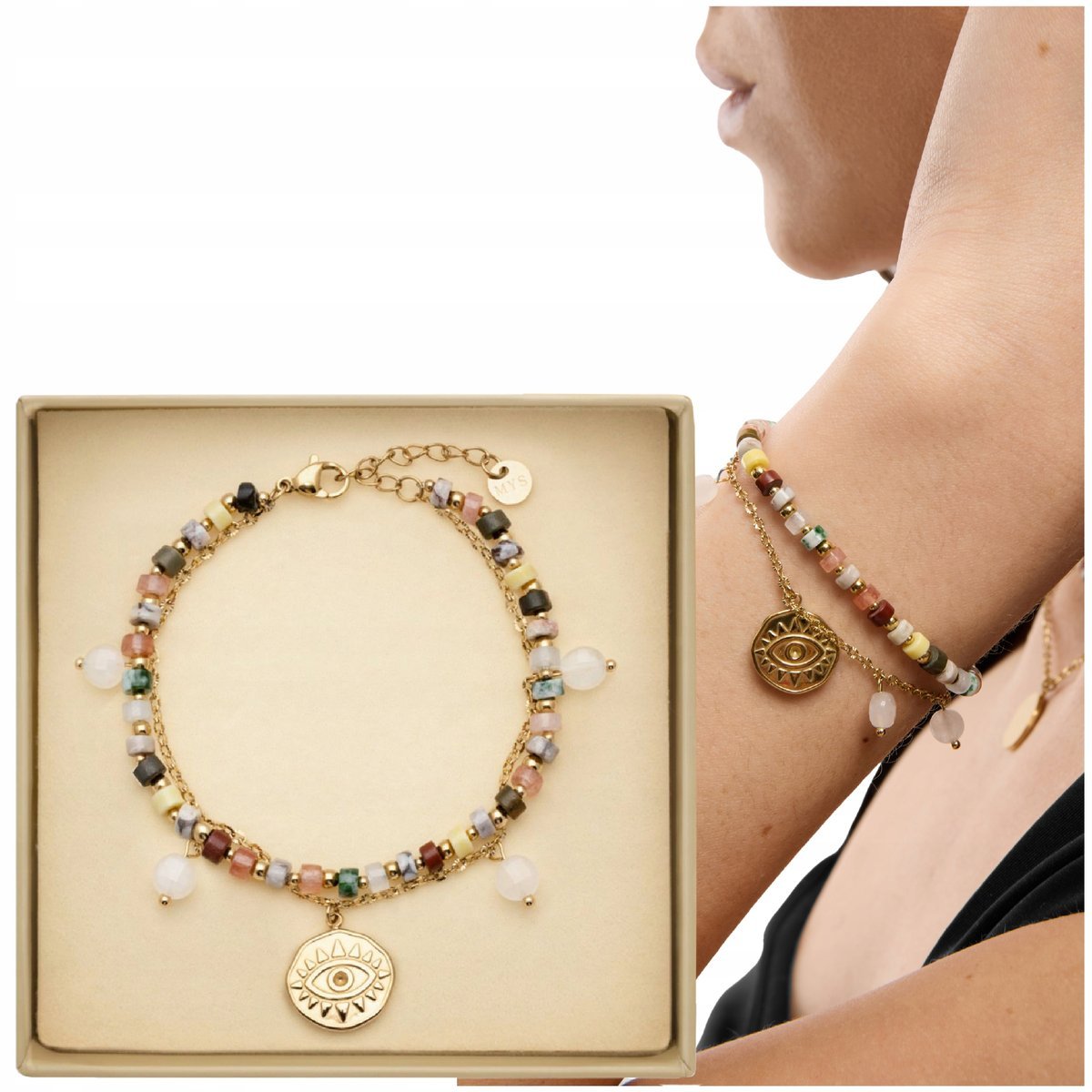 Bransoletka z naturalnymi kamieniami agat, maifan, jaspis, jadeit i awenturyn Mys