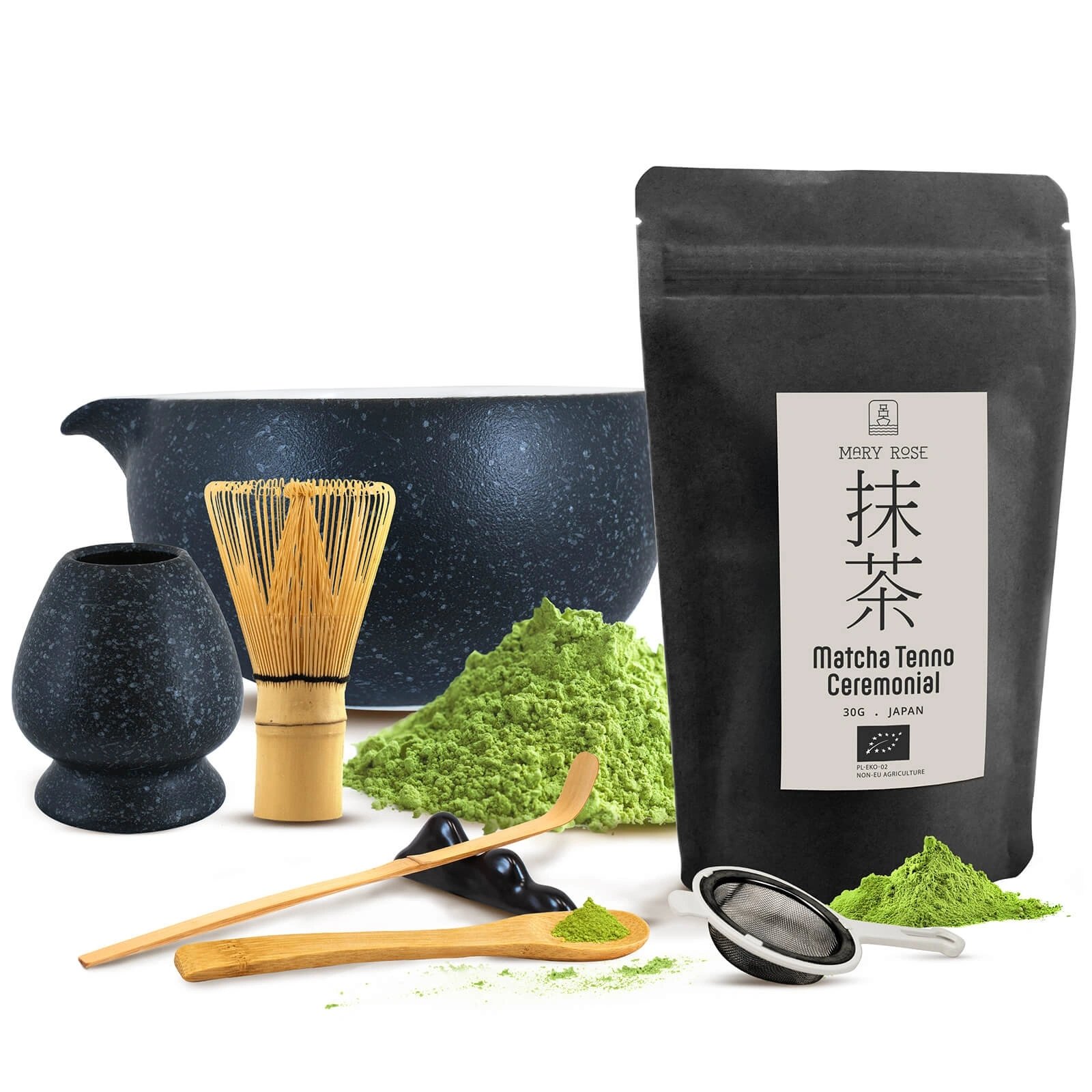 Zestaw akcesoriów Kurai do parzenia herbaty Matcha Ceremonialna Bio 30g