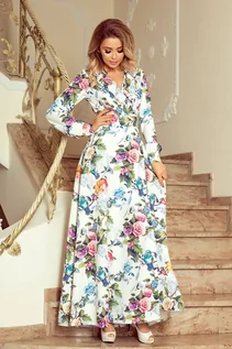 Sukienki - FLOWER Sukienka MAXI z falbanką i dekoltem - kolorowe róże i niebieskie ptaszki - grafika 1