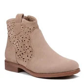 Botki damskie - Botki damskie beżowe zamszowe S.Barski 61-8019 płaskie ażurowe na zamek-40 - miniaturka - grafika 1